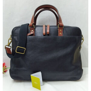 Fossil Defender Black Leather Double Zip Top Handle Workbag Crossbody Bag -$599